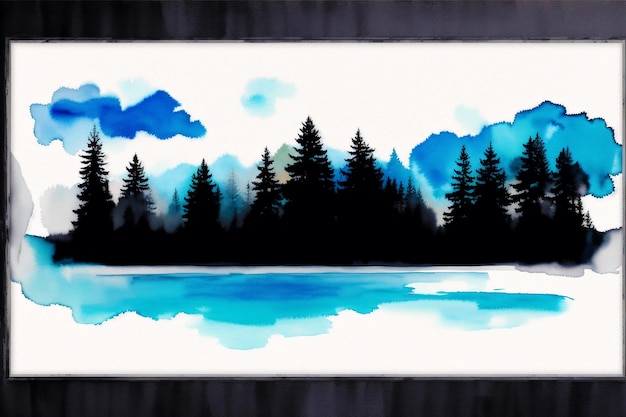 A painting of a lake with a forest scene in the background.