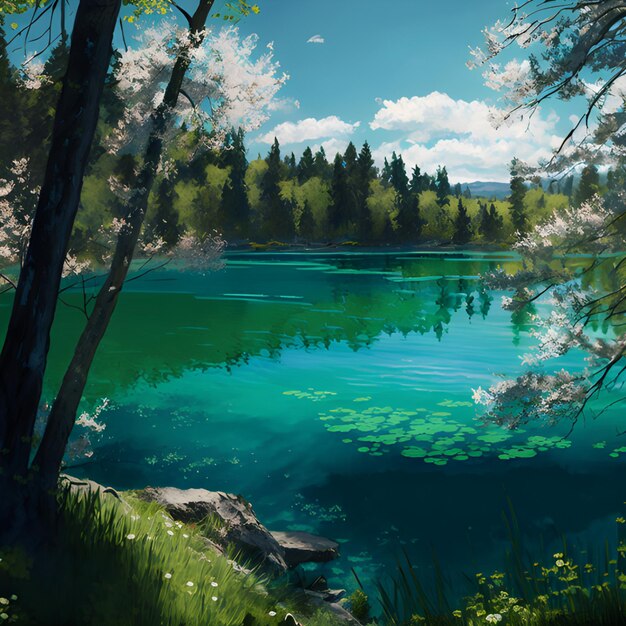 Photo a painting of a lake with a forest and trees in the foreground