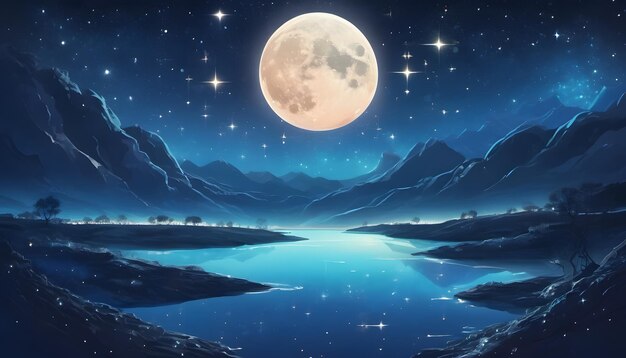 a painting of a lake with a full moon and the moon in the sky