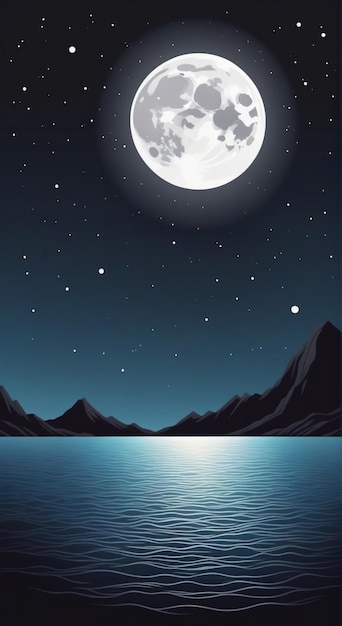 a painting of a lake with a full moon and mountains in the background