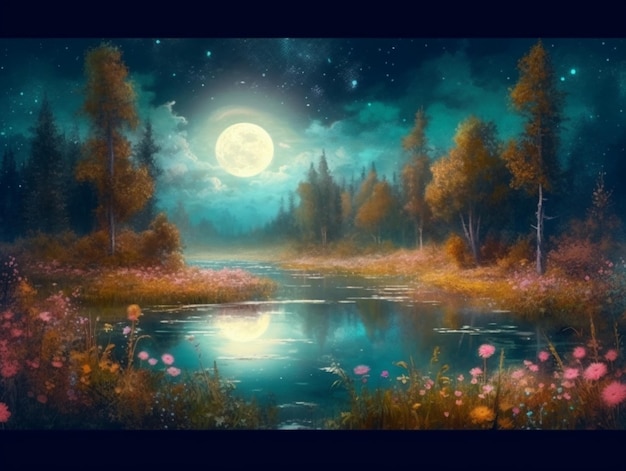 A painting of a lake with a full moon in the sky