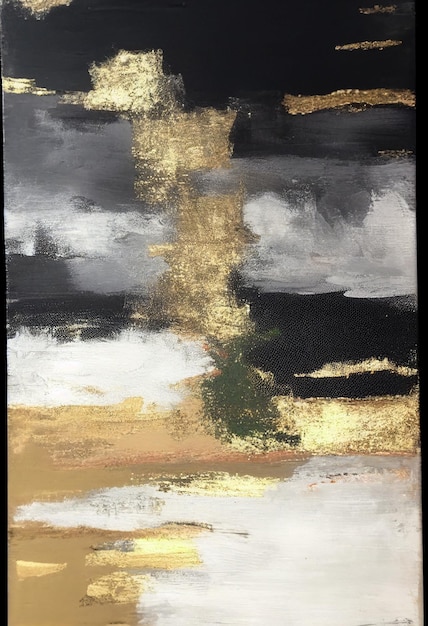 Photo a painting of a lake with gold and black paint.