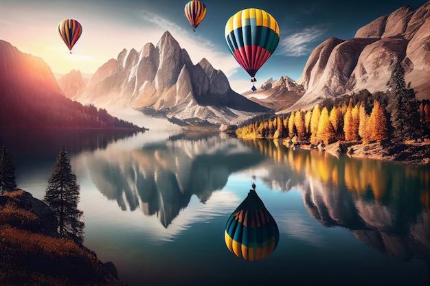 A painting of a lake with a hot air balloon floating above it Generative AI