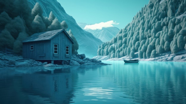 Картина озера с домом и лодкой на воде.