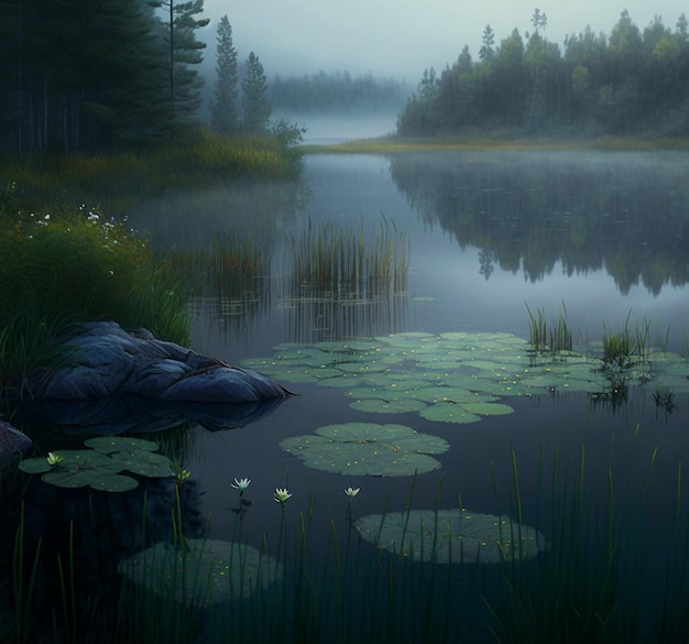 A painting of a lake with a lily pad in the water.