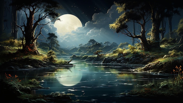 Painting of a lake with lily of the valley and a full moon