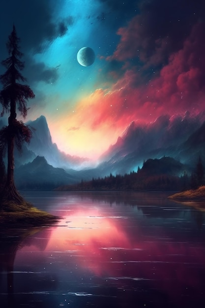 A painting of a lake with a moon and stars.