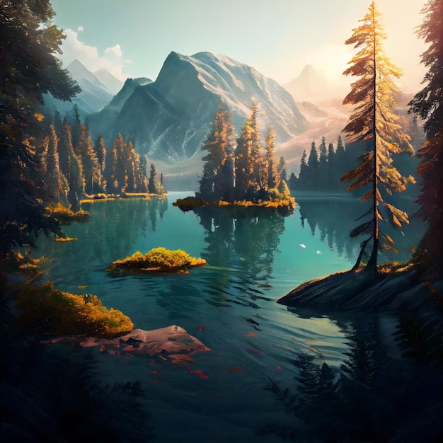 A painting of a lake with a mountain in the background