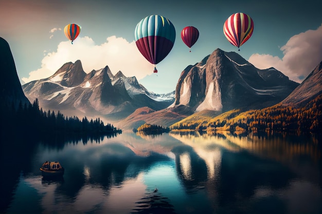 A painting of a lake with a mountain and balloons Generative AI