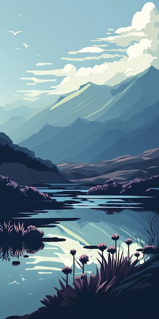 Painting of a lake with mountains in the background generative ai