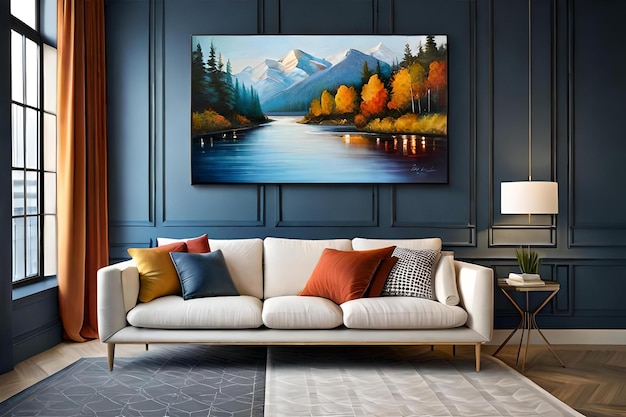 A painting of a lake with mountains in the background