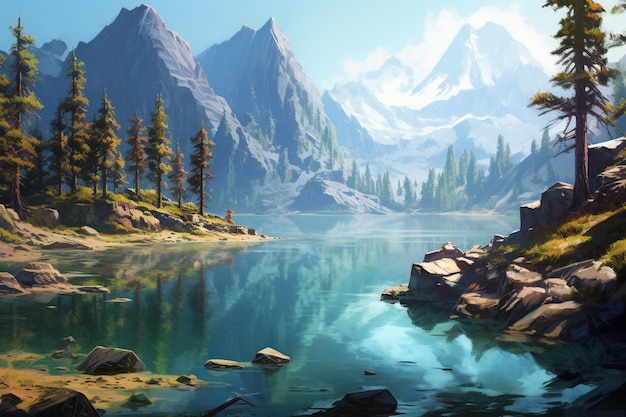 A painting of a lake with mountains in the background