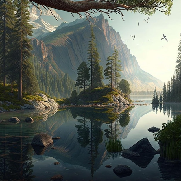 A painting of a lake with mountains in the background