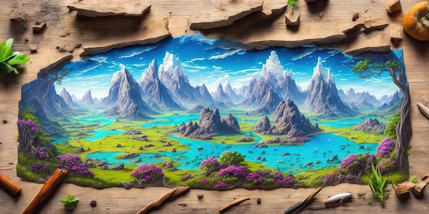 A painting of a lake with mountains in the background.