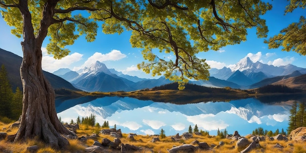 A painting of a lake with mountains in the background.