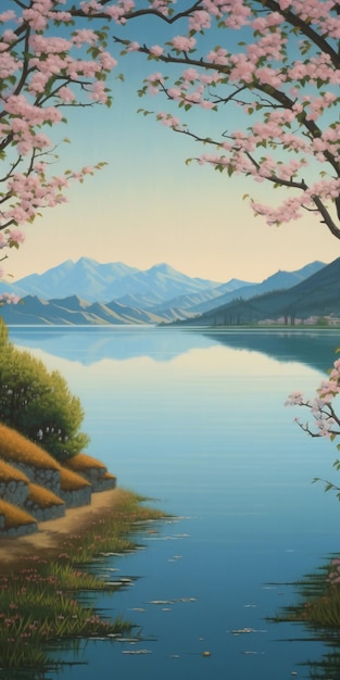 A painting of a lake with mountains in the background