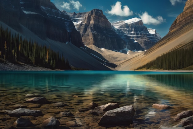 A painting of a lake with mountains in the background