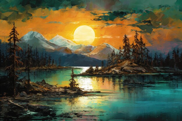 A painting of a lake with mountains in the background.