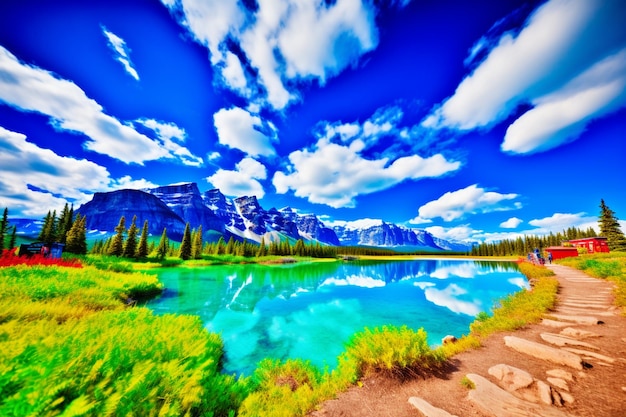 A painting of a lake with mountains in the background.