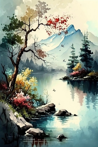 山を背景にした湖の絵。