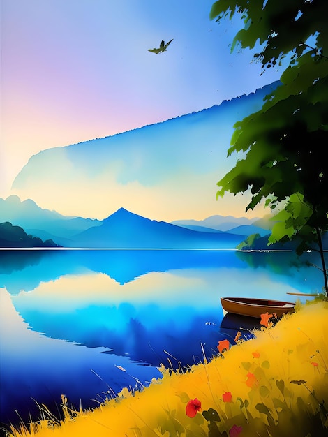 A painting of a lake with mountains and a boat on the water.