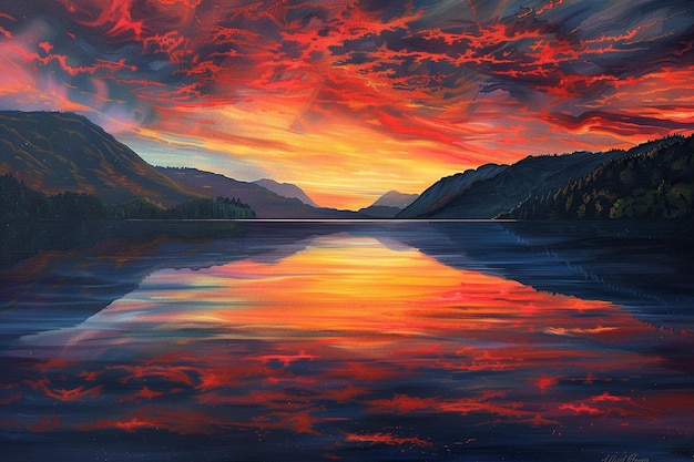 a painting of a lake with mountains and clouds in the background