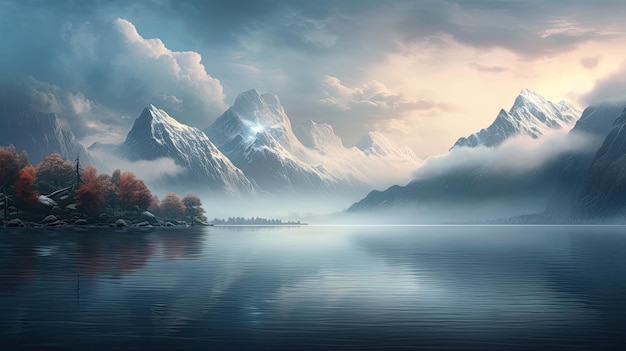 a painting of a lake with mountains and clouds in the background.