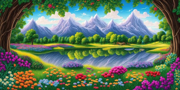 A painting of a lake with mountains and flowers.