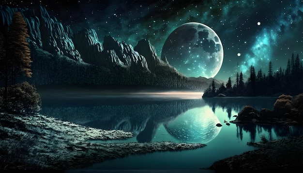 Photo a painting of a lake with mountains and a moon on the horizon