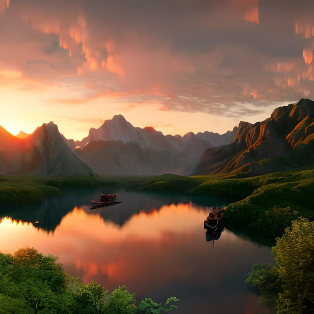 A painting of a lake with mountains and a sunset in the background.