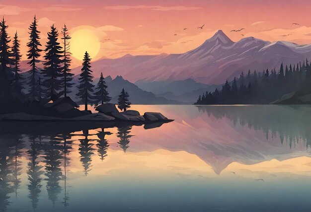 Photo a painting of a lake with mountains and a sunset