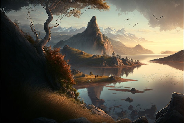Картина озера с горами и деревьями на переднем плане.