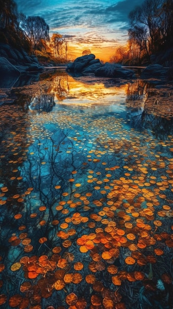 A painting of a lake with orange flowers and leaves