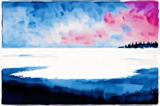 A painting of a lake with a pink sky and clouds.