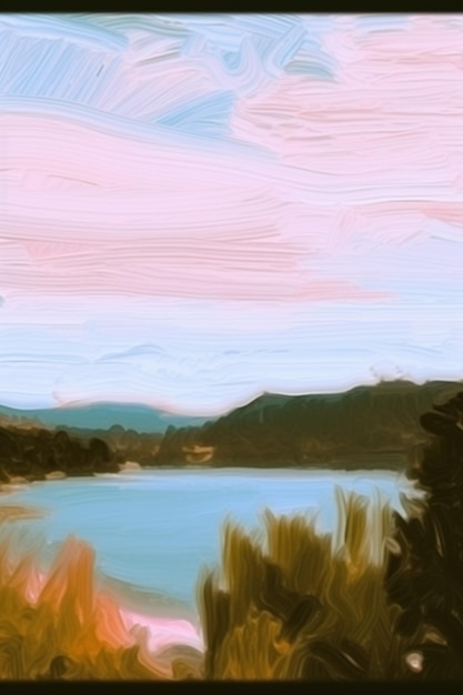 A painting of a lake with a pink sky and mountains in the background.