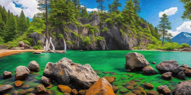 A painting of a lake with rocks and trees in the foreground.