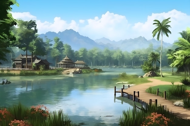 A painting of a lake with a small bridge and palm trees.