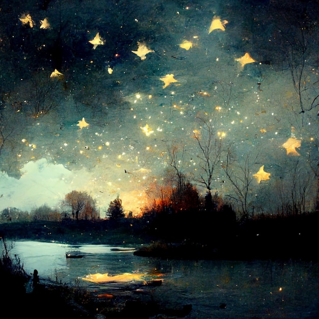 A painting of a lake with stars and a sky with the words " the word " on it "