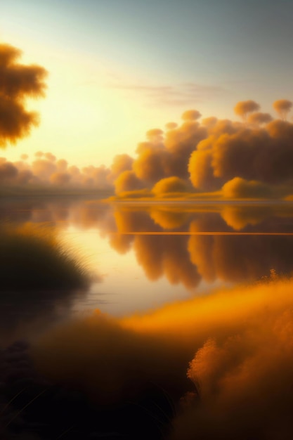 A painting of a lake with the sun setting behind it