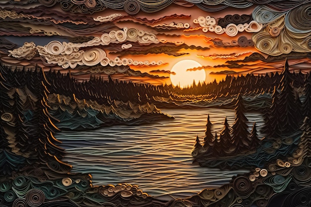 A painting of a lake with a sunset in the background