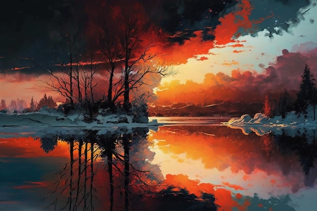 A painting of a lake with a sunset and the sky in the background.