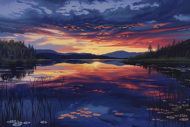 a painting of a lake with a sunset and the sun setting behind it