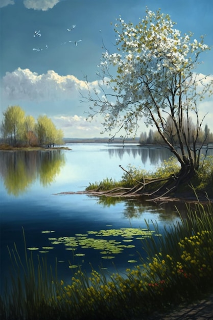 A painting of a lake with a tree and flowers.