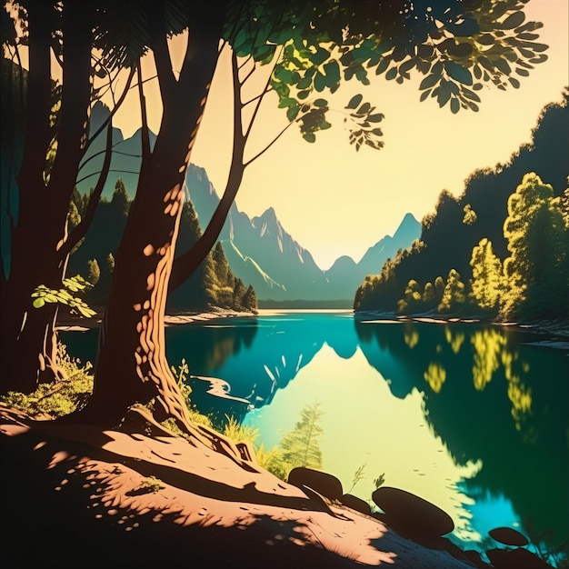 Photo a painting of a lake with a tree in the foreground and mountains in the background