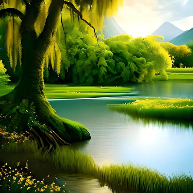 A painting of a lake with a tree in the middle of it