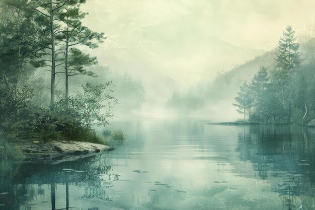 A painting of a lake with trees in the background