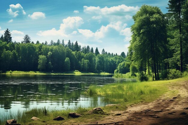 Photo a painting of a lake with trees and a dirt road