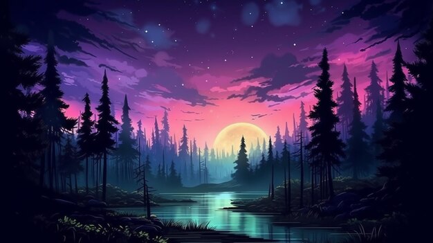 A painting of a lake with trees and a full moon generative ai