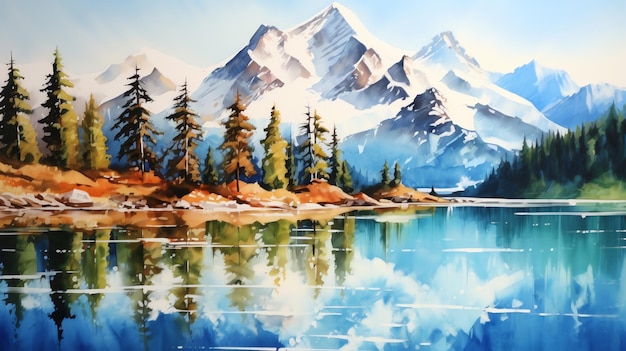 Картина озера с деревьями и горами на заднем плане