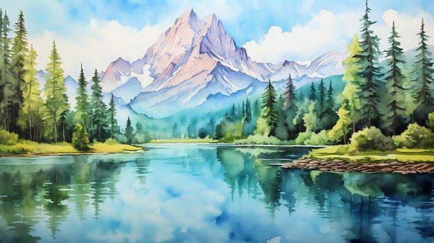 painting of a lake with trees and mountains in the background